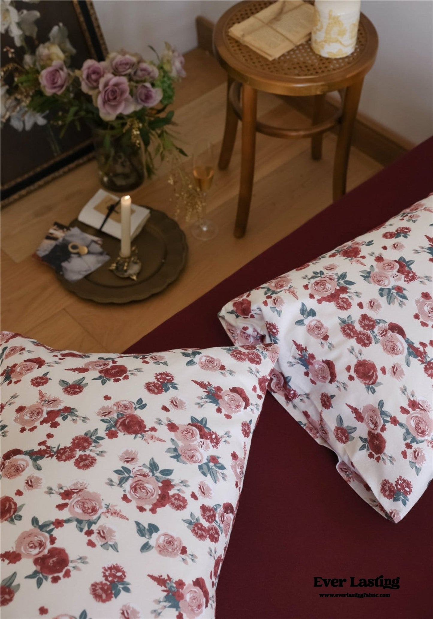 Vintage Floral Jersey Knit Bedding Set / Maroon Red