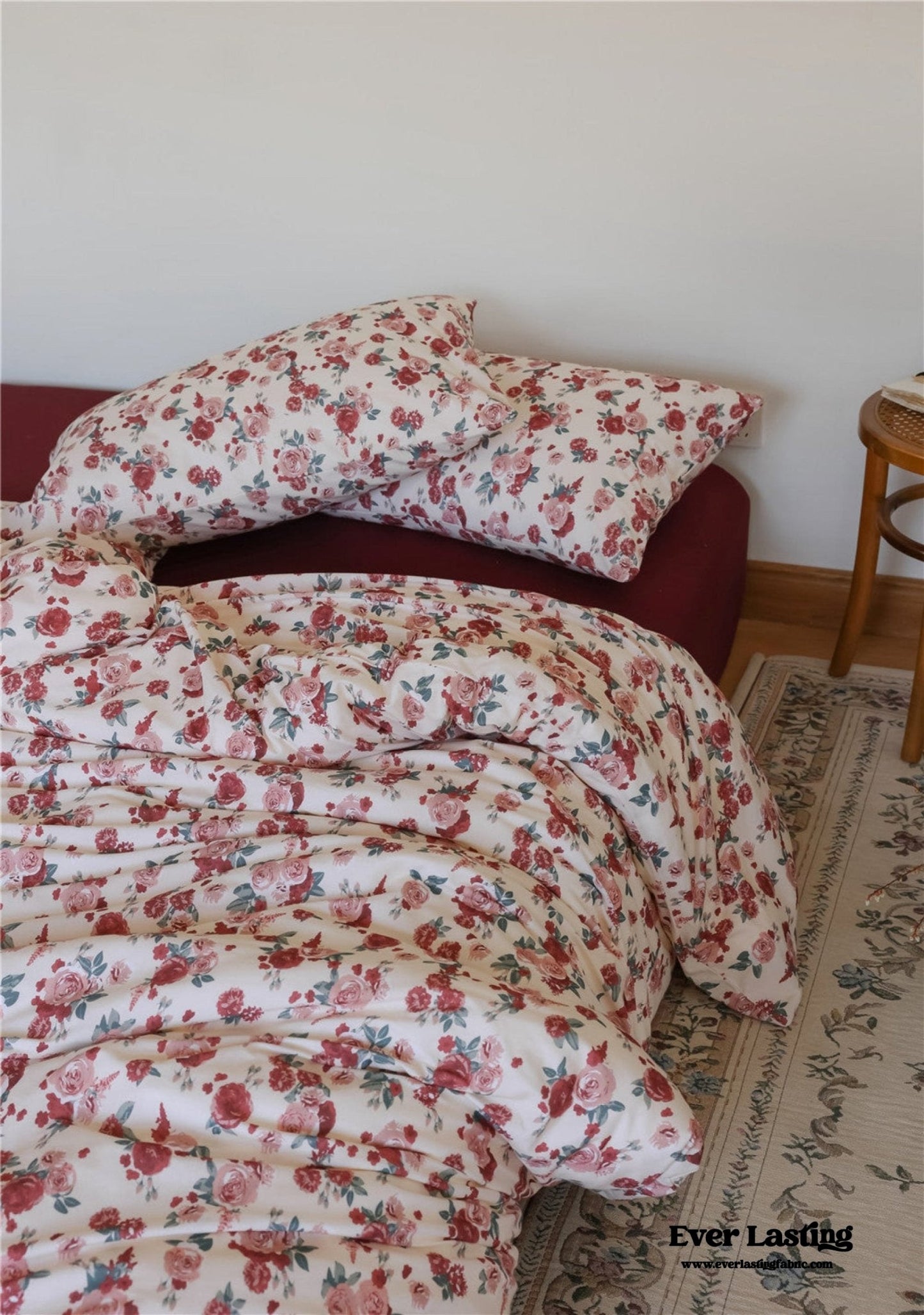 Vintage Floral Jersey Knit Bedding Set / Maroon Red
