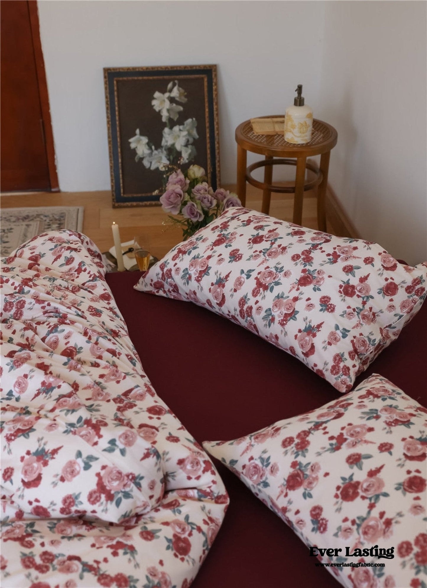 Vintage Floral Jersey Knit Bedding Set / Rust Pink