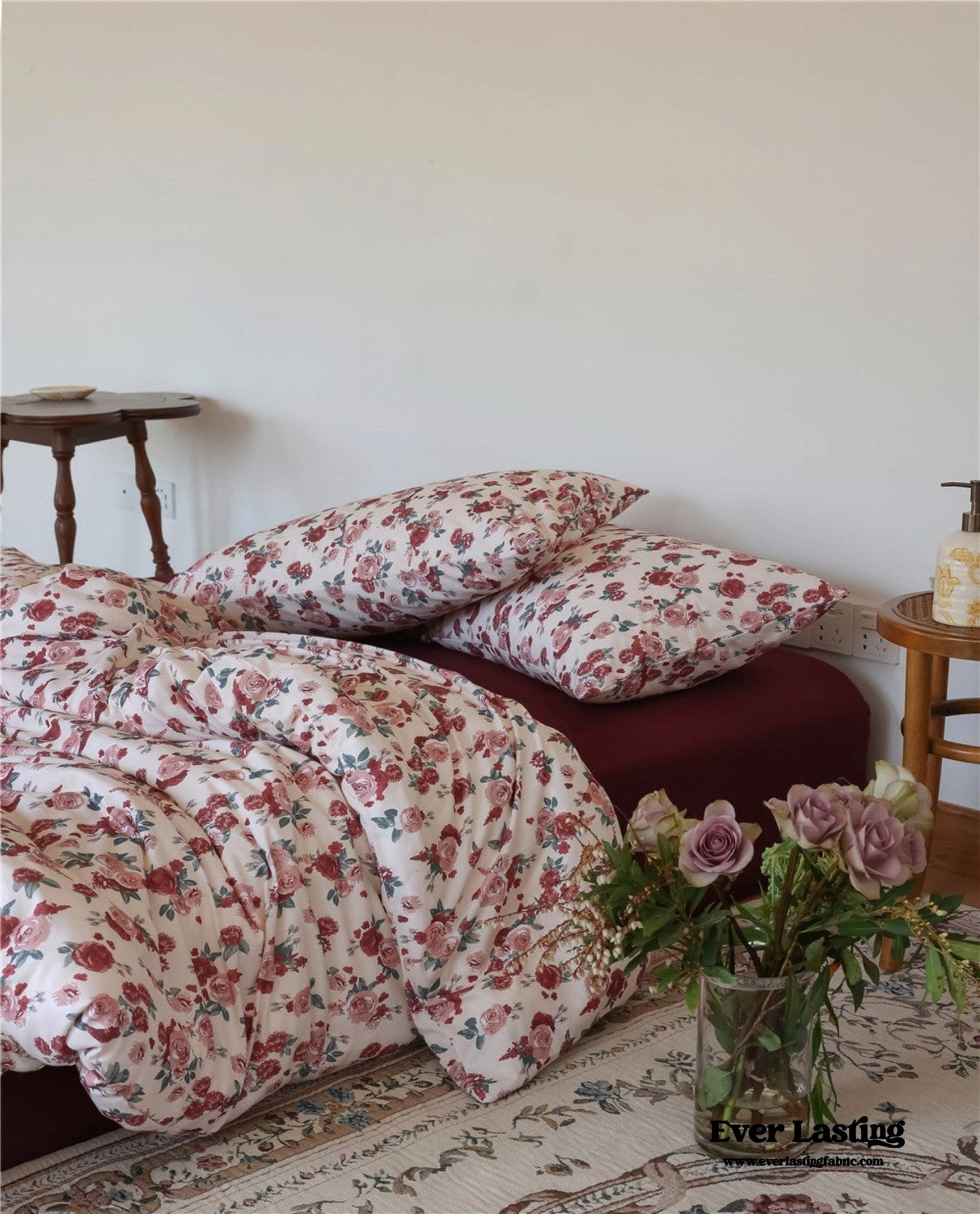 Vintage Floral Jersey Knit Bedding Set / Rust Pink