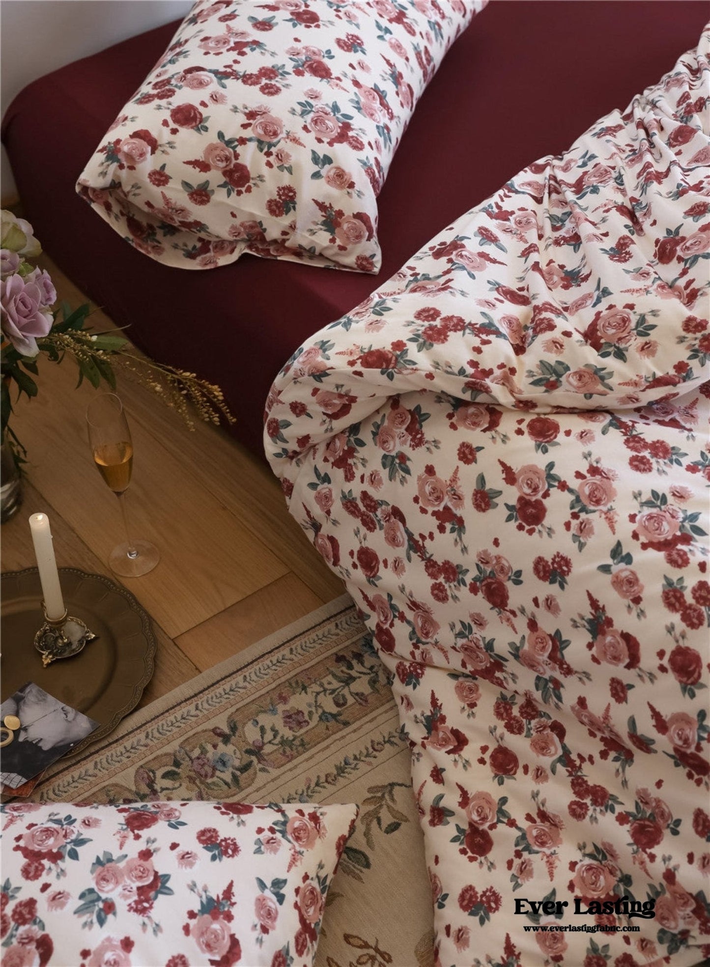 Vintage Floral Jersey Knit Bedding Set / Rust Pink