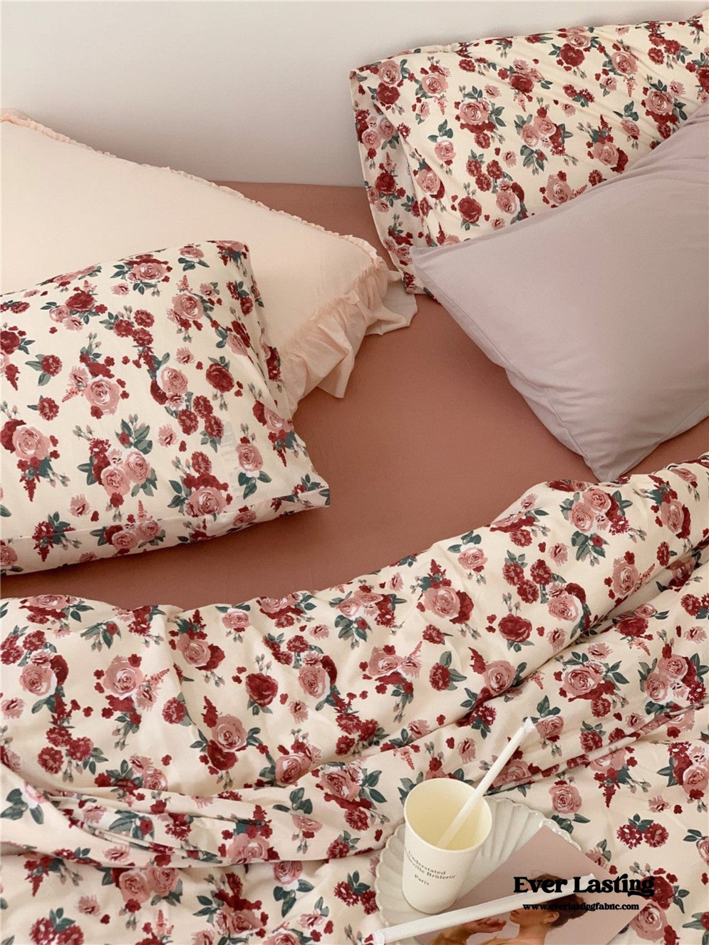 Vintage Floral Jersey Knit Bedding Set / Rust Pink