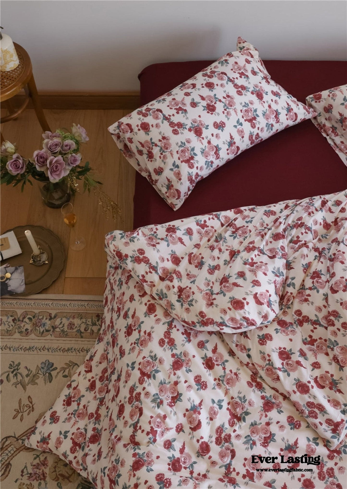 Vintage Floral Jersey Knit Bedding Set / Rust Pink