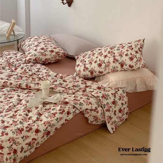 Vintage Floral Jersey Knit Bedding Set / Rust Pink