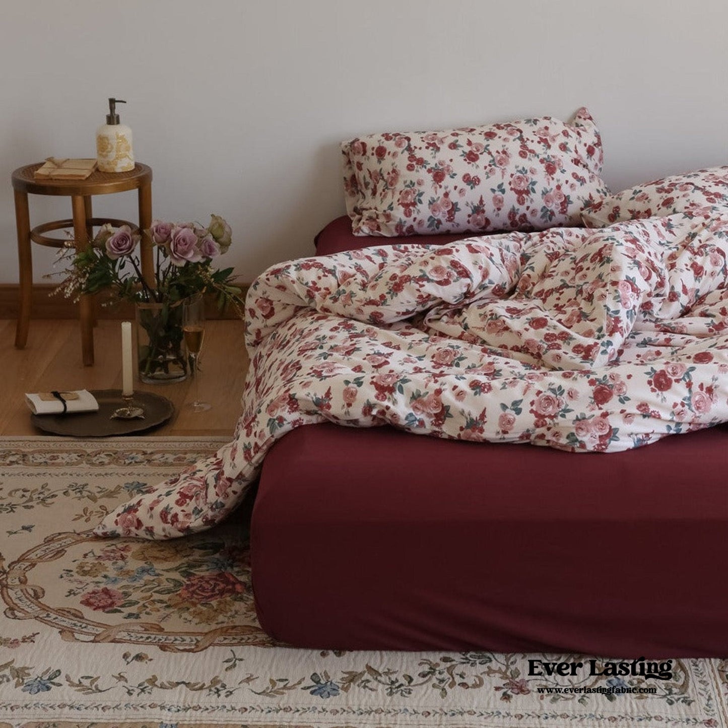 Vintage Floral Jersey Knit Bedding Set / Rust Pink