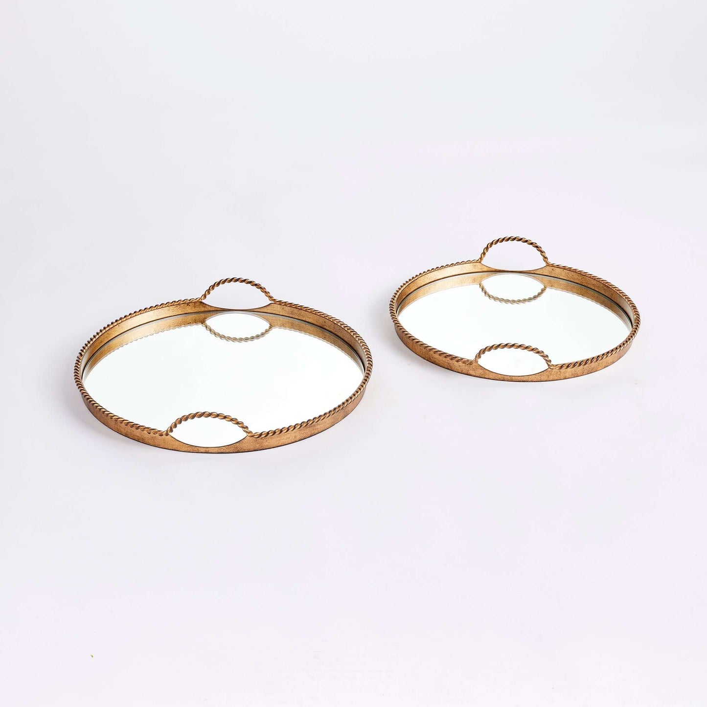 Vintage Gold Mirrored Tray Set with Braided Handles (Set of 2)