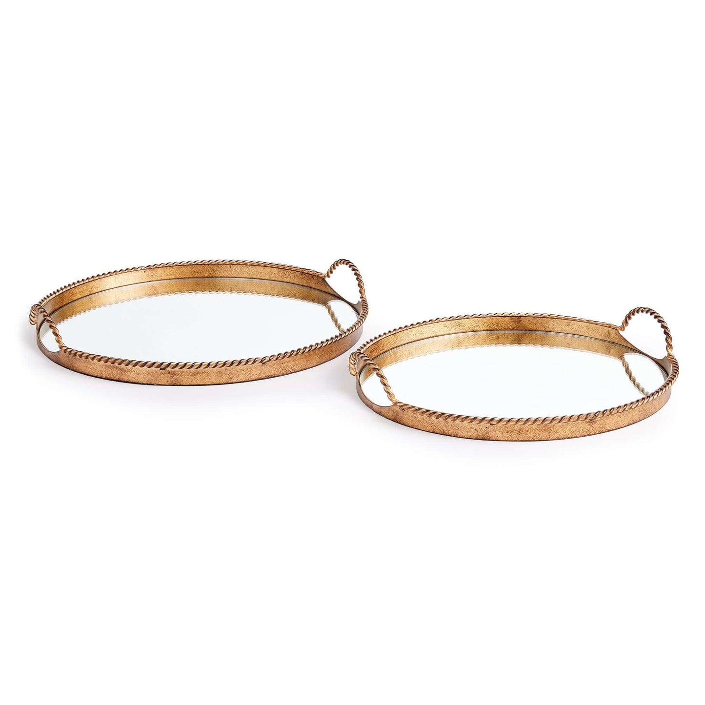 Vintage Gold Mirrored Tray Set with Braided Handles (Set of 2)