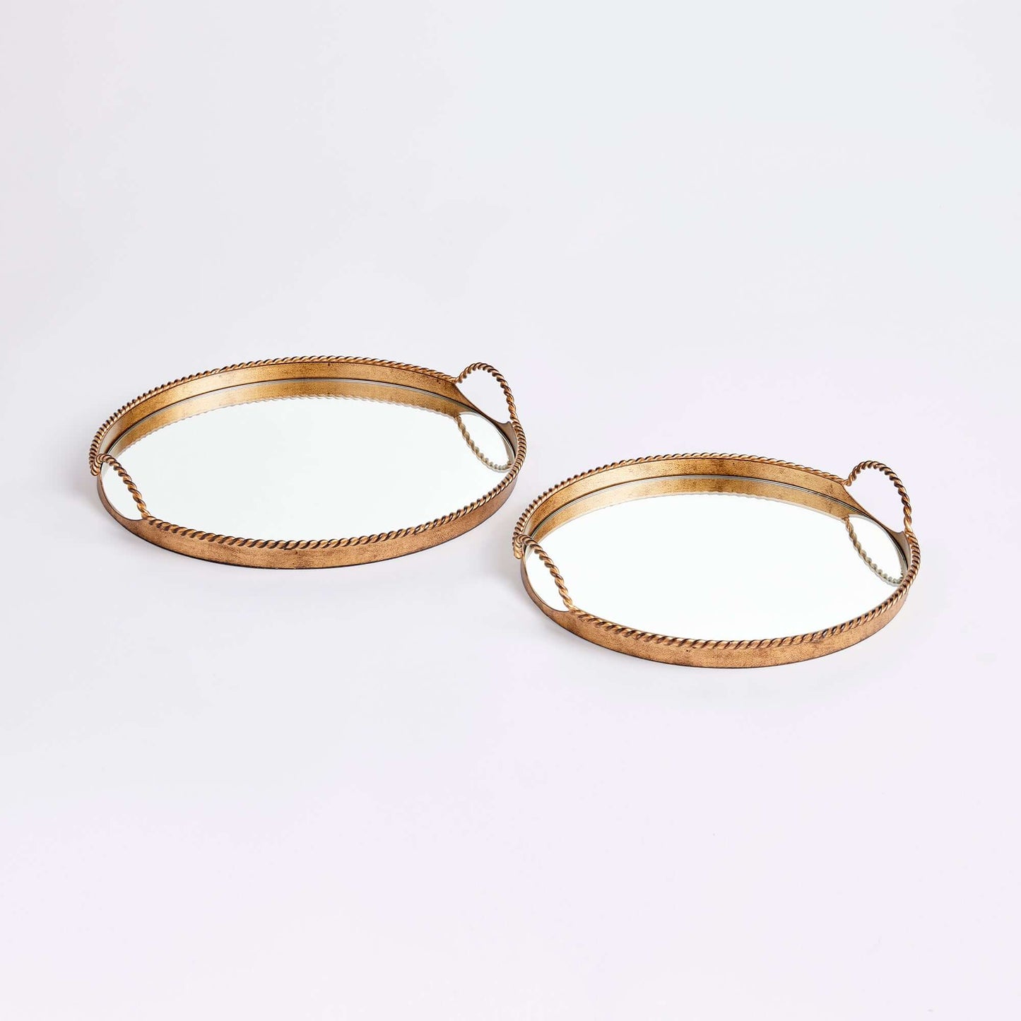 Vintage Gold Mirrored Tray Set with Braided Handles (Set of 2)