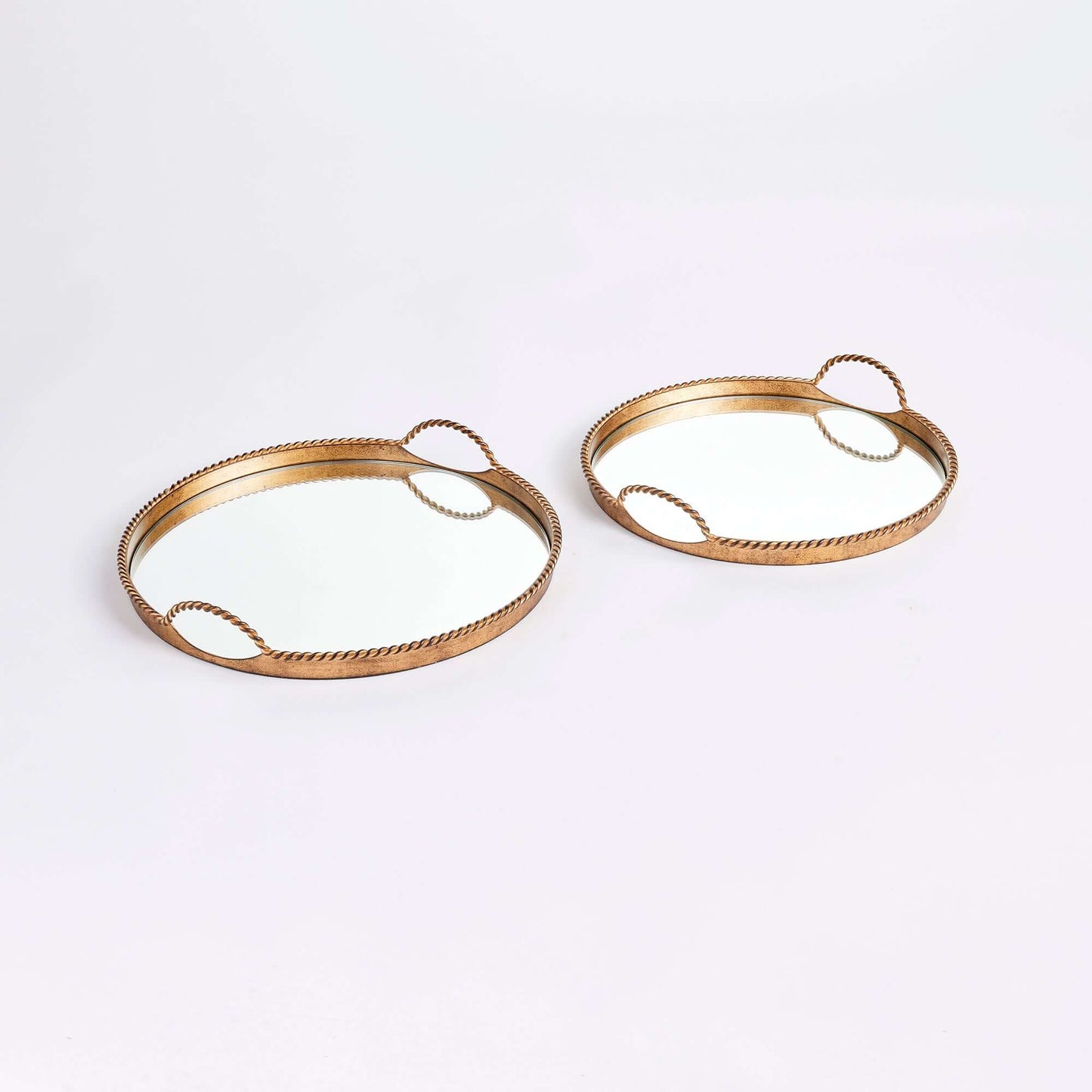 Vintage Gold Mirrored Tray Set with Braided Handles (Set of 2)