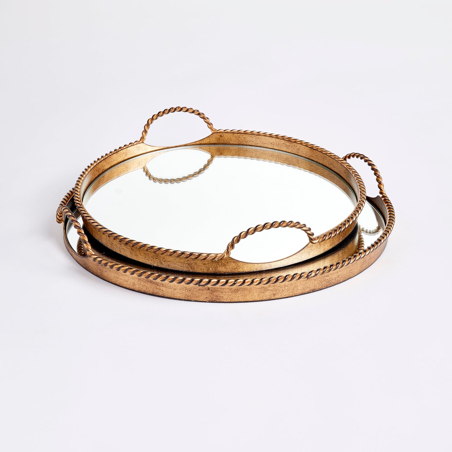 Vintage Gold Mirrored Tray Set with Braided Handles (Set of 2)