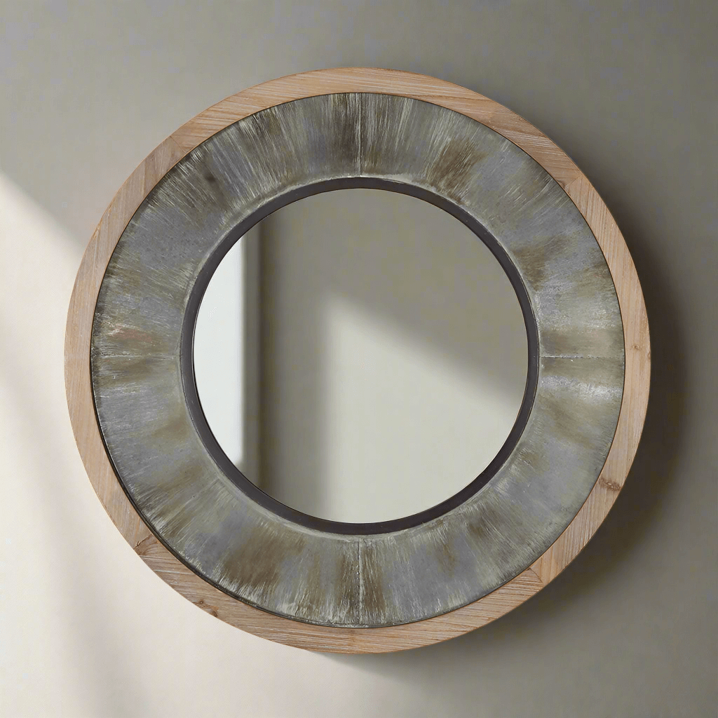 Vintage Industrial Round Wall Mirror with Wood and Metal Frame