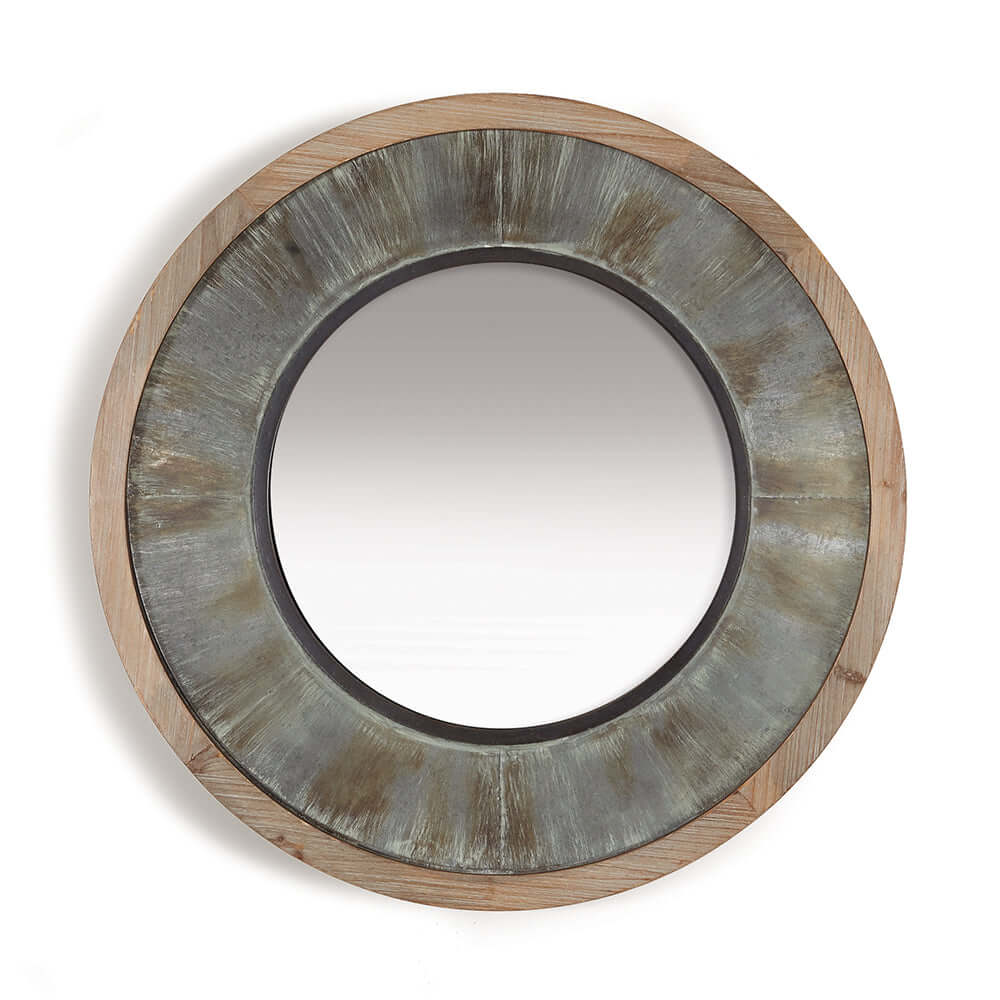 Vintage Industrial Round Wall Mirror with Wood and Metal Frame