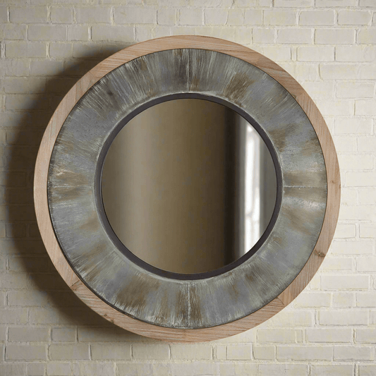 Vintage Industrial Round Wall Mirror with Wood and Metal Frame