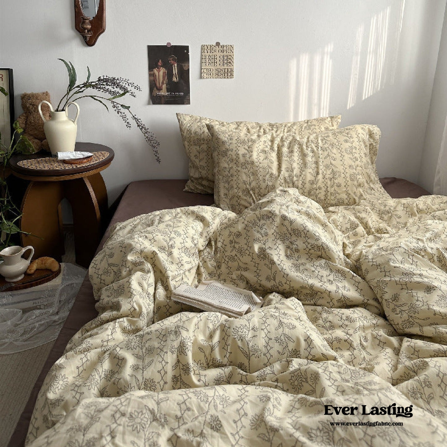 Vintage Inspired Dark Floral Bedding Set / Brown Yellow