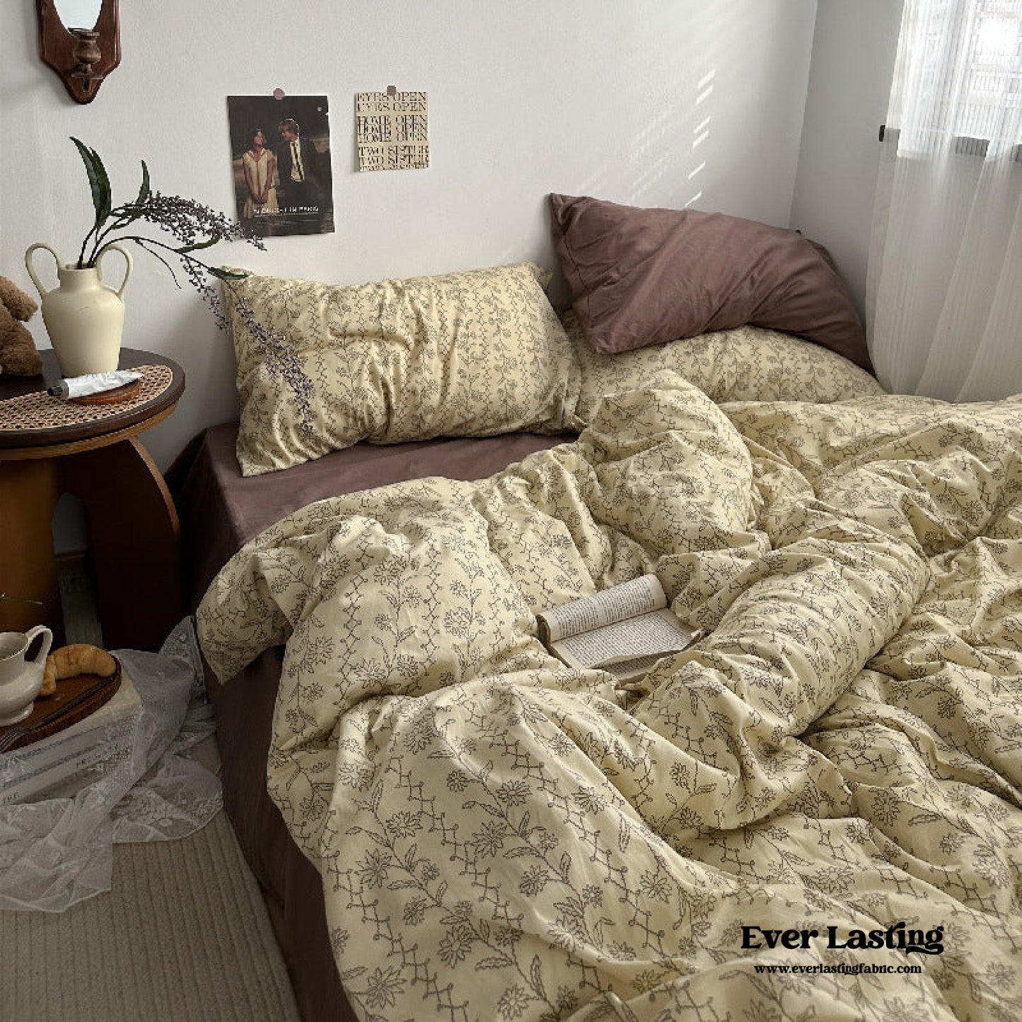 Vintage Inspired Dark Floral Bedding Set / Brown Yellow