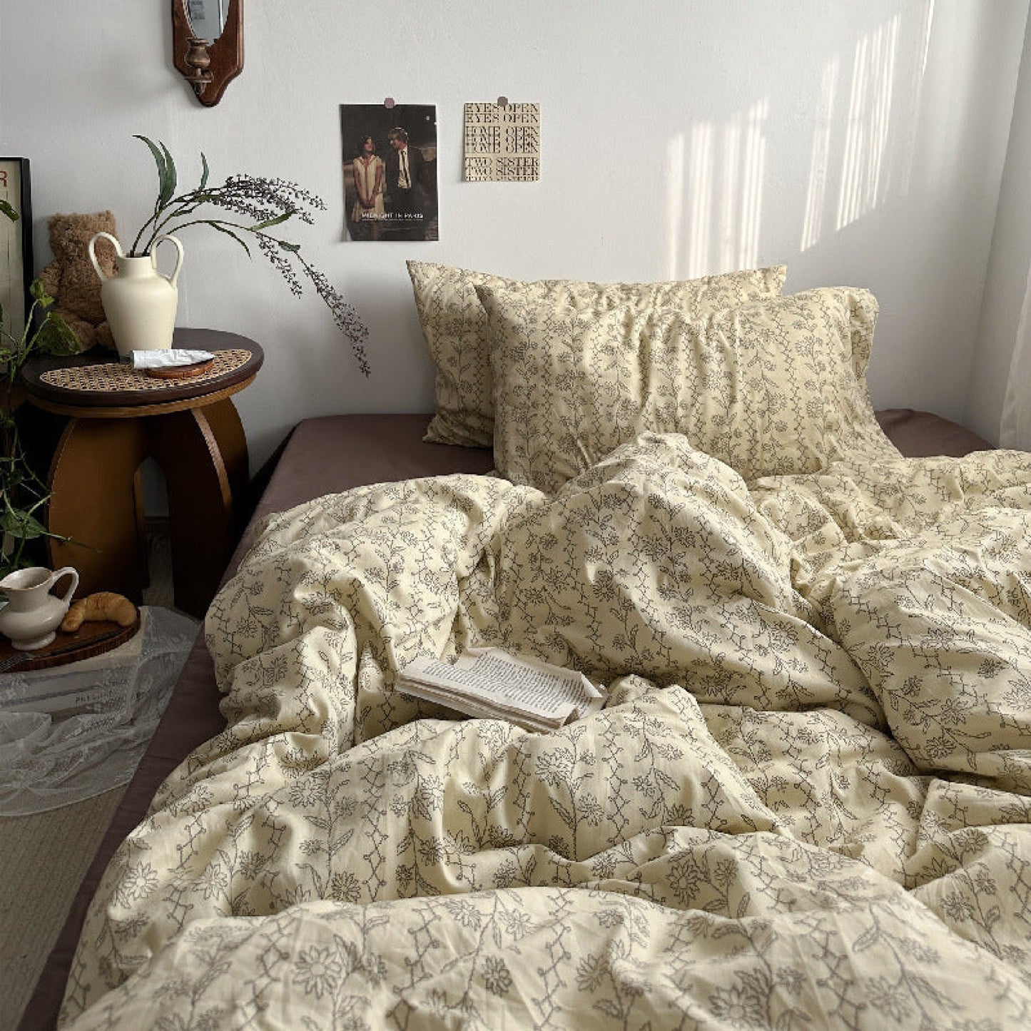 Vintage Inspired Dark Floral Bedding Set / Brown Yellow