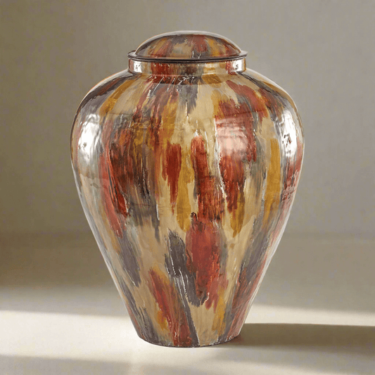 Vintage Lidded Enameled Iron Vase with Autumn Brushstroke Finish