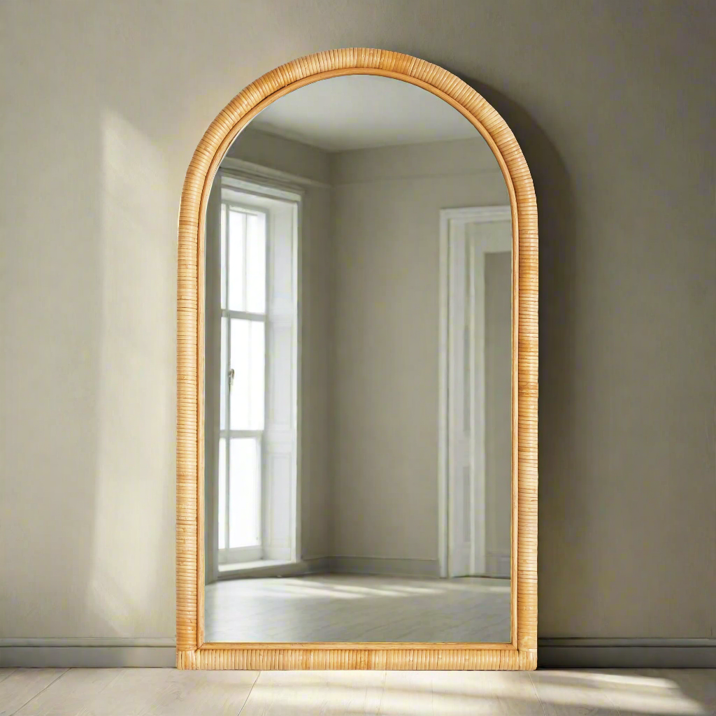 Vintage Rattan Framed Arch Wall Mirror for Coastal Homes