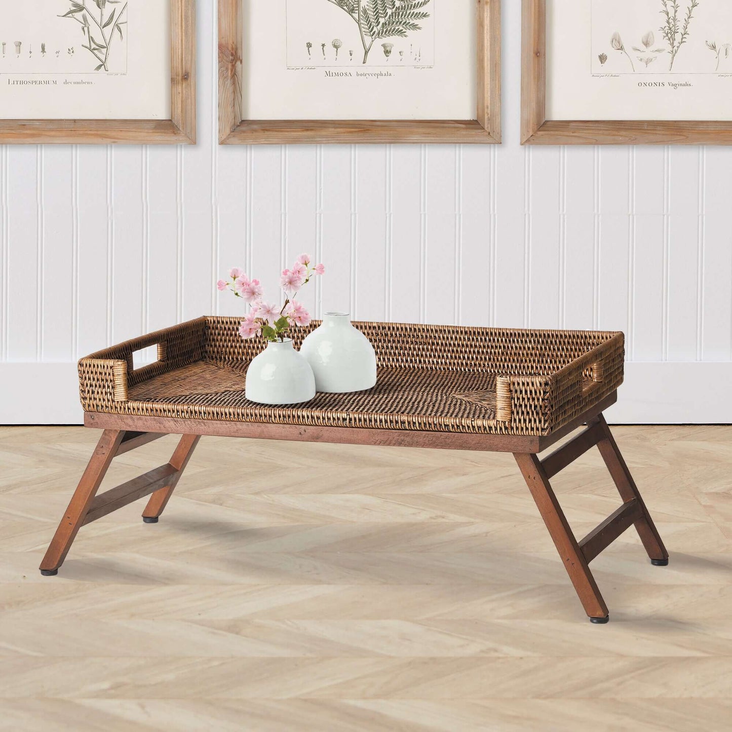 Vintage Rattan Tray Table with Collapsible Legs