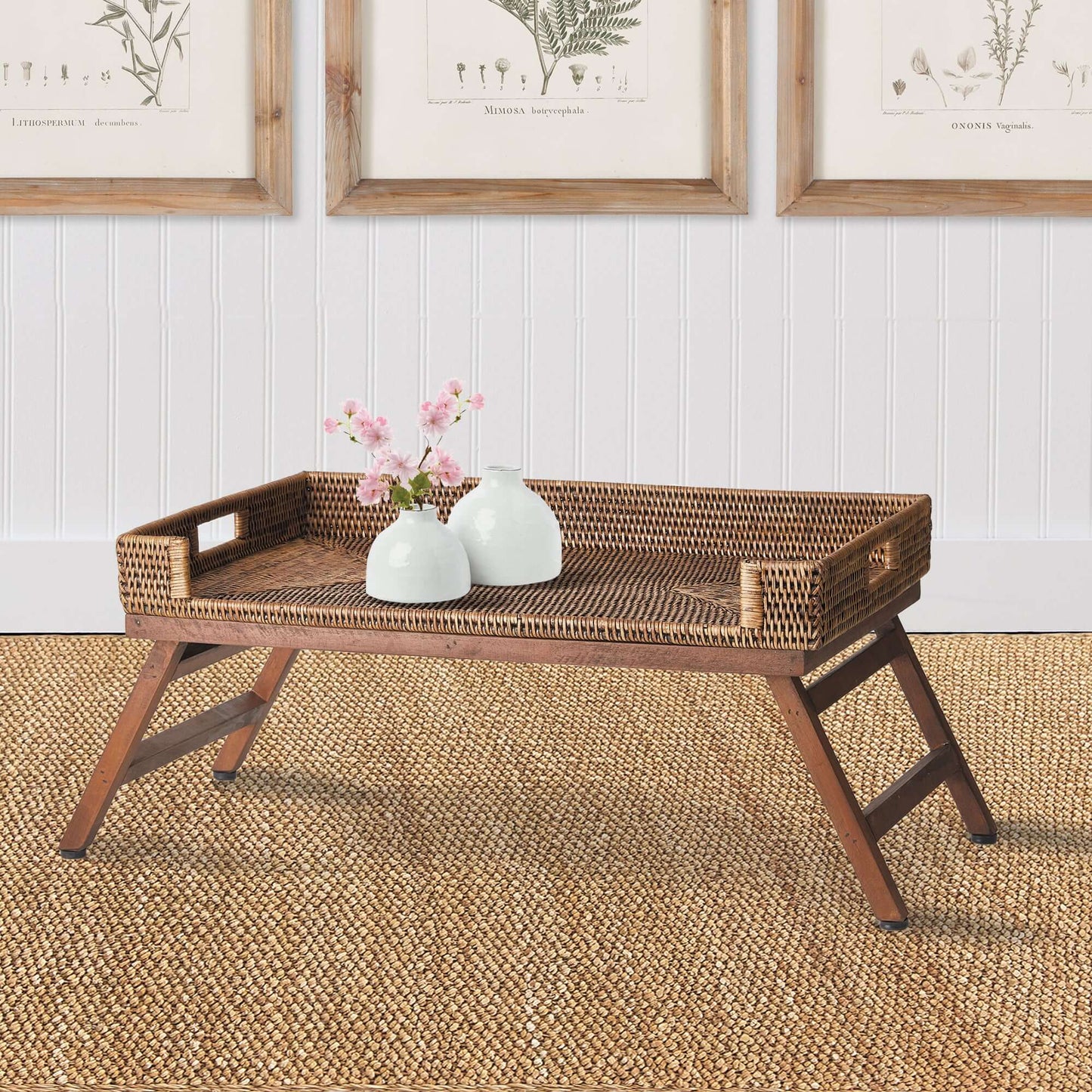 Vintage Rattan Tray Table with Collapsible Legs