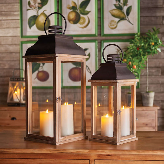 Vintage Wood and Metal Lantern Set with Glass Panels (Set of 2)