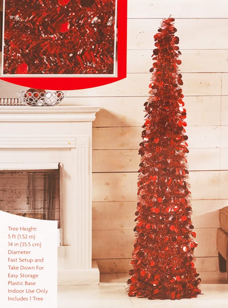 Pop Up 5 Foot Tinsel Tree - Red