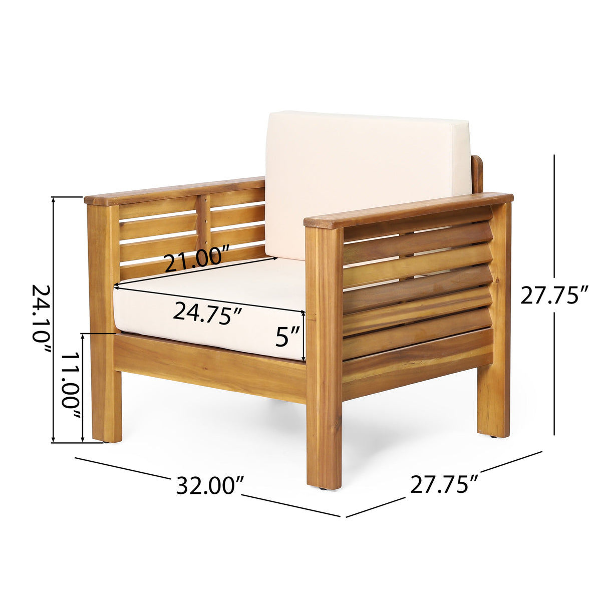 Set of 2 Outdoor Acacia Wood Club Chairs with Cushions