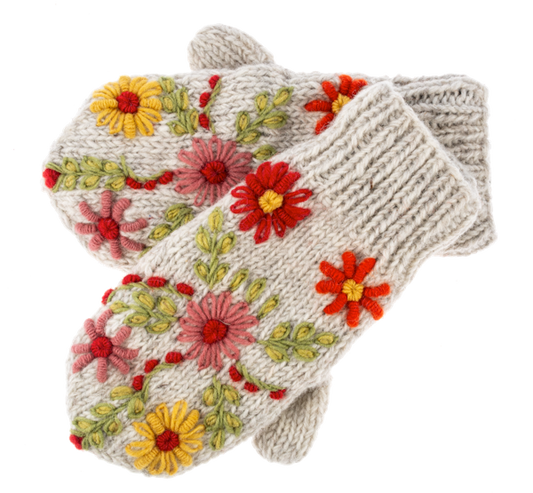 Knit Embroidered Floral Mittens - Cream
