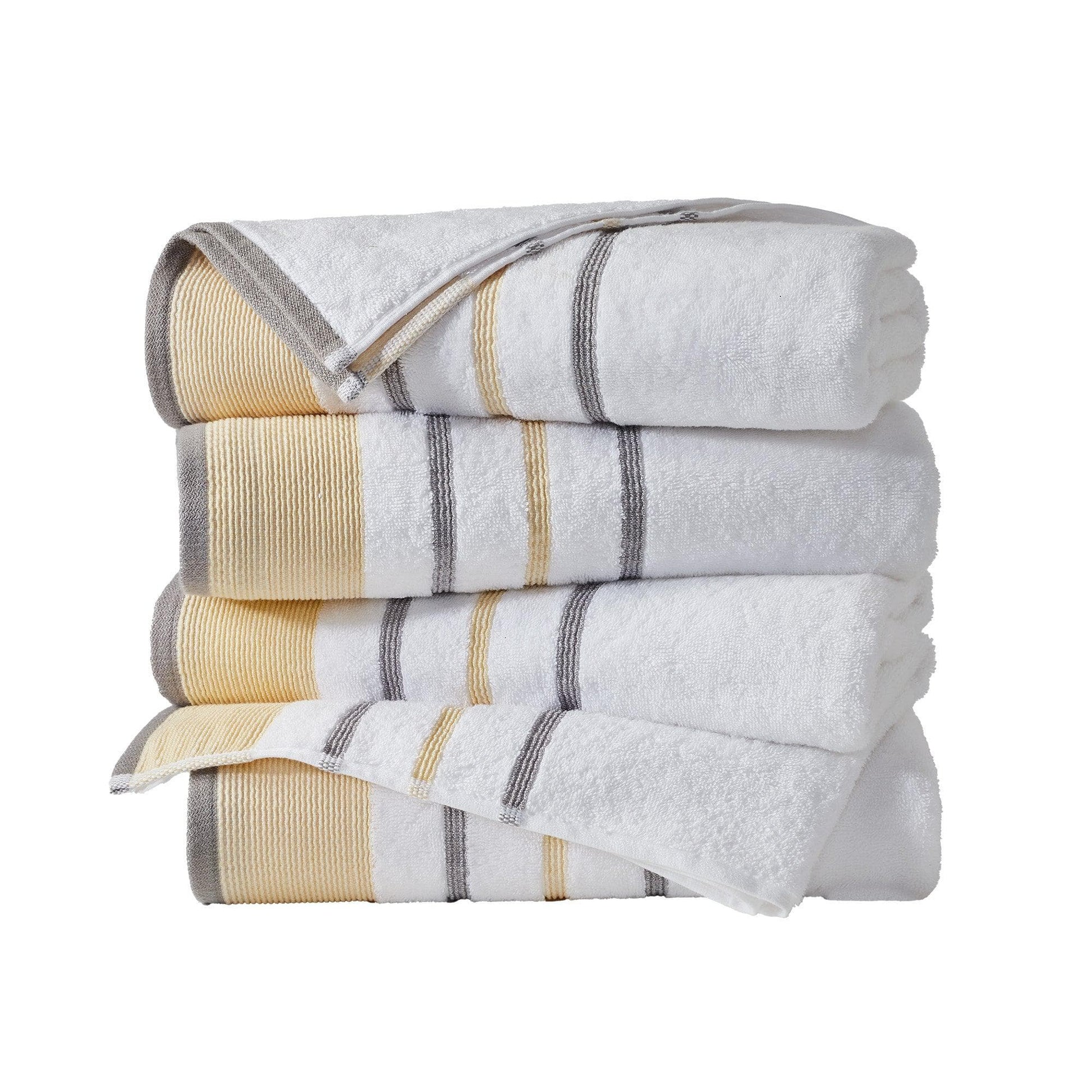 Stack of folded towels with a striped pattern on a white background