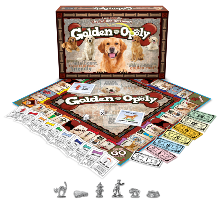 Golden Opoly Board Game featuring the game board, cards, and dog-themed pieces for family game nights.