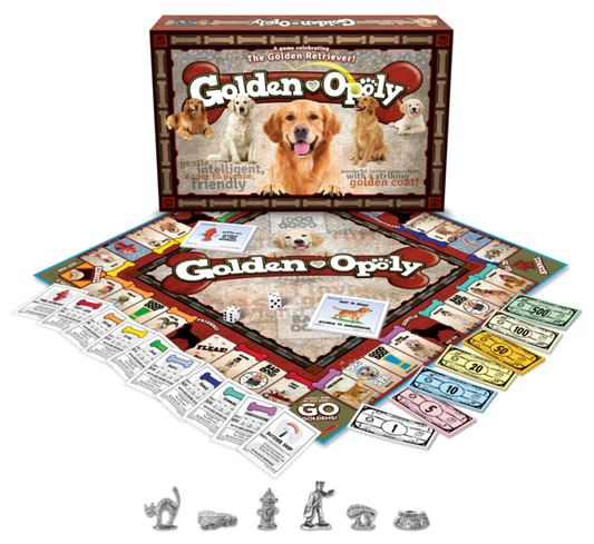 Golden Opoly Board Game featuring the game board, cards, and dog-themed pieces for family game nights.