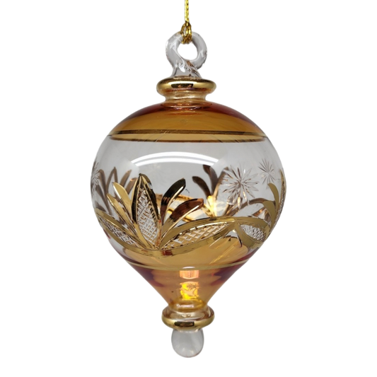 Etched Gold Teardrop Blown Glass Ornament - Gold