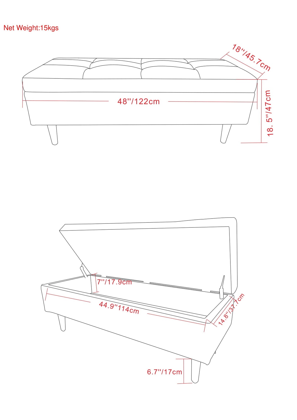 Shay 48 Inch Wide Mid-Century Rectangular Storage Ottoman