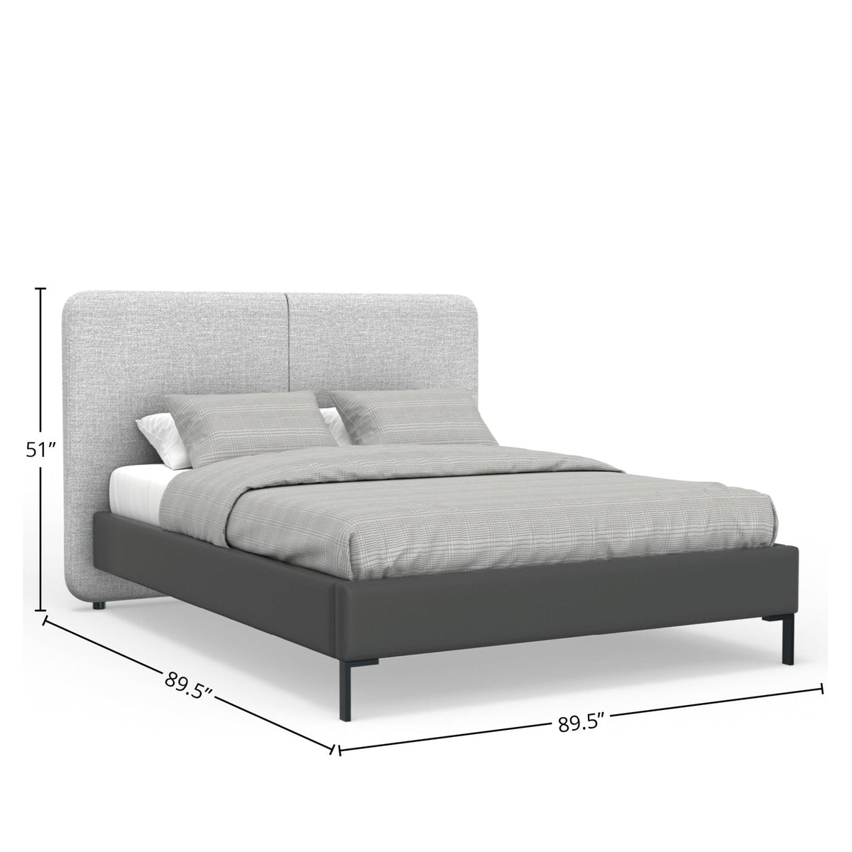 Walden Platform Bed with grey linen headboard and faux leather base, measuring 89.5" x 89.5" x 51".