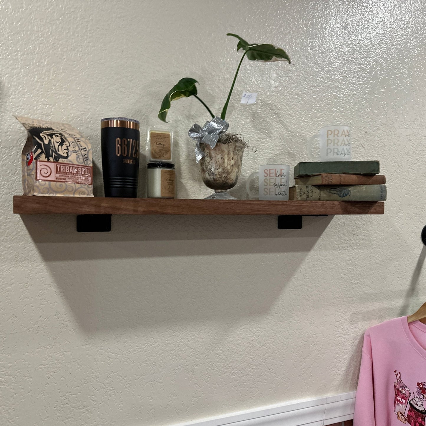 Walnut Wood Floating Shelf with Angle Brackets