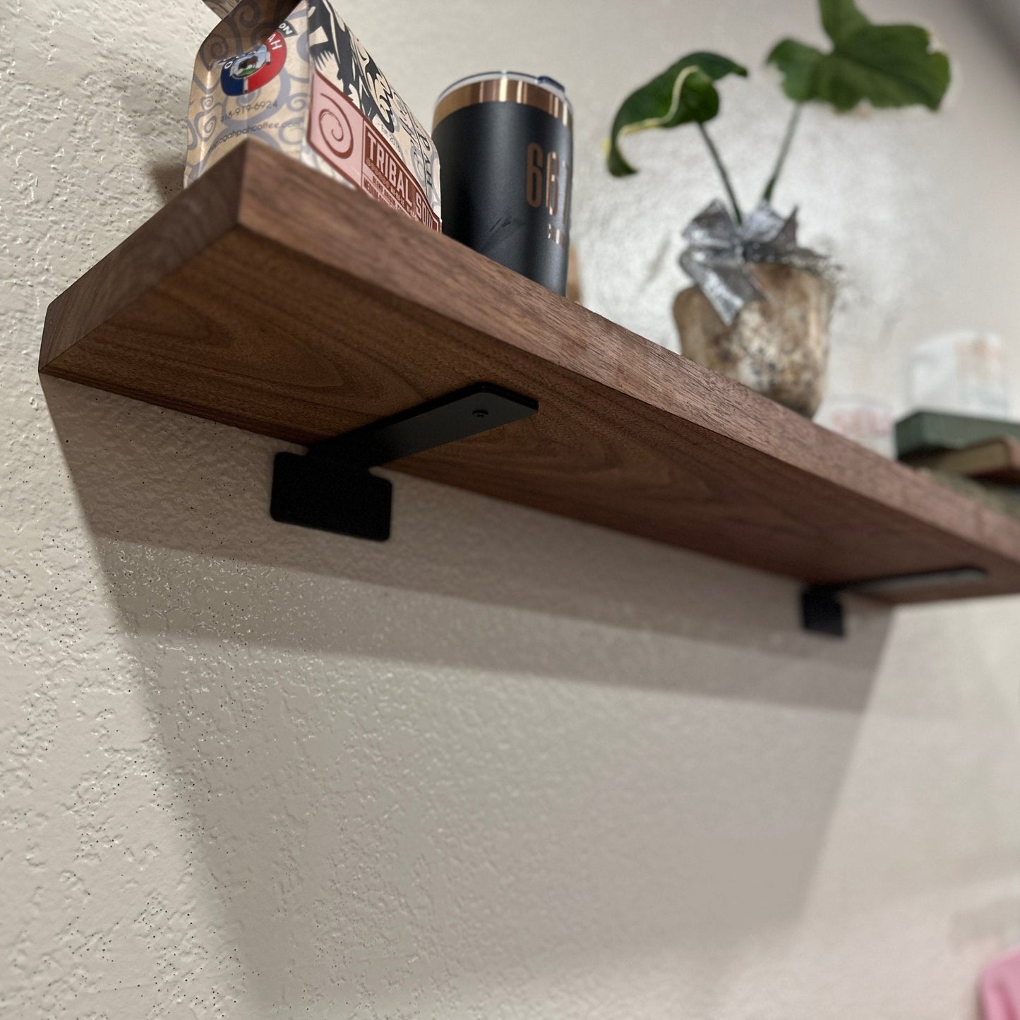 Walnut Wood Floating Shelf with Angle Brackets