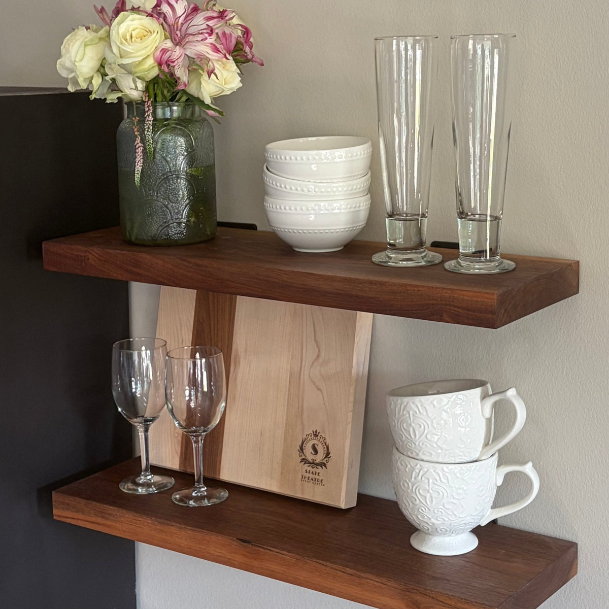 Walnut Wood Floating Shelf with Angle Brackets