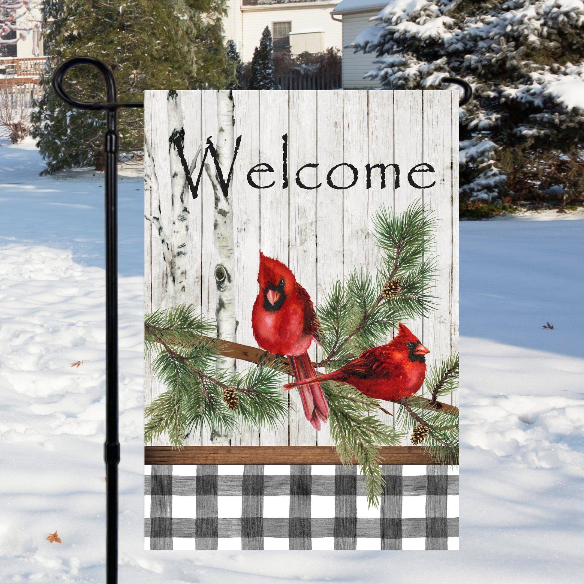 Welcome Red Cardinal Garden Flag with two red cardinals on a branch and pine, set against a snowy background.