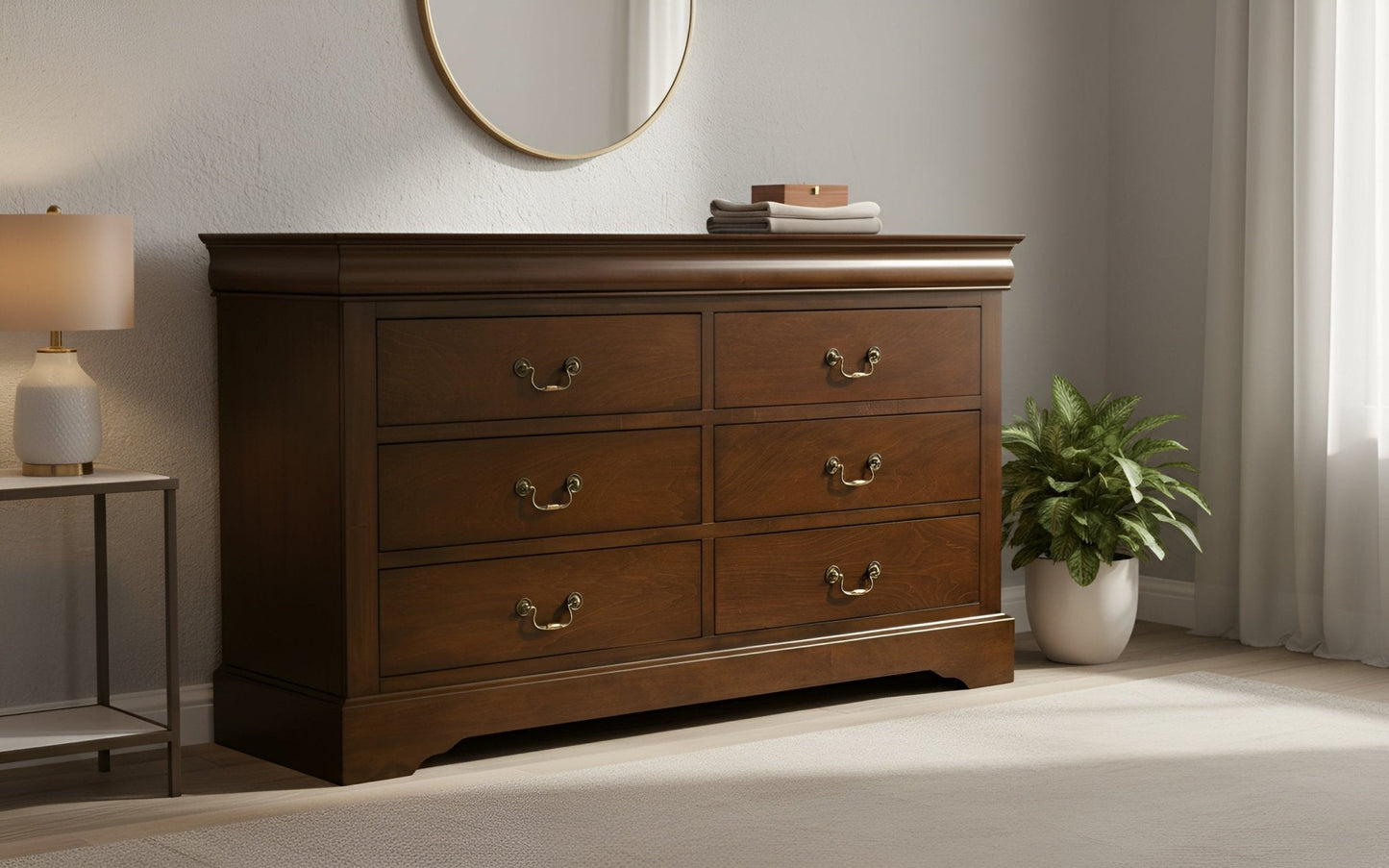 West Haven Dresser in Cappuccino finish with antique brass hardware and a sleek design.