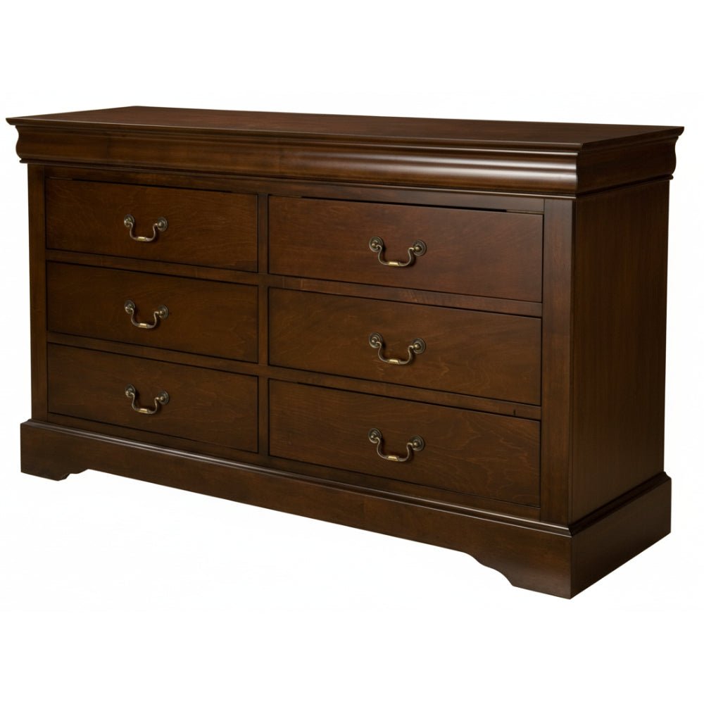 West Haven Dresser in Cappuccino finish with six drawers and antique brass hardware.