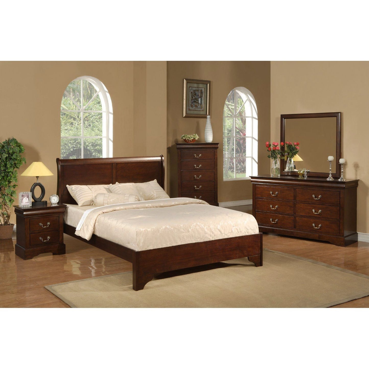 West Haven Dresser in cappuccino finish featured in a stylish bedroom setting with complementary furniture.