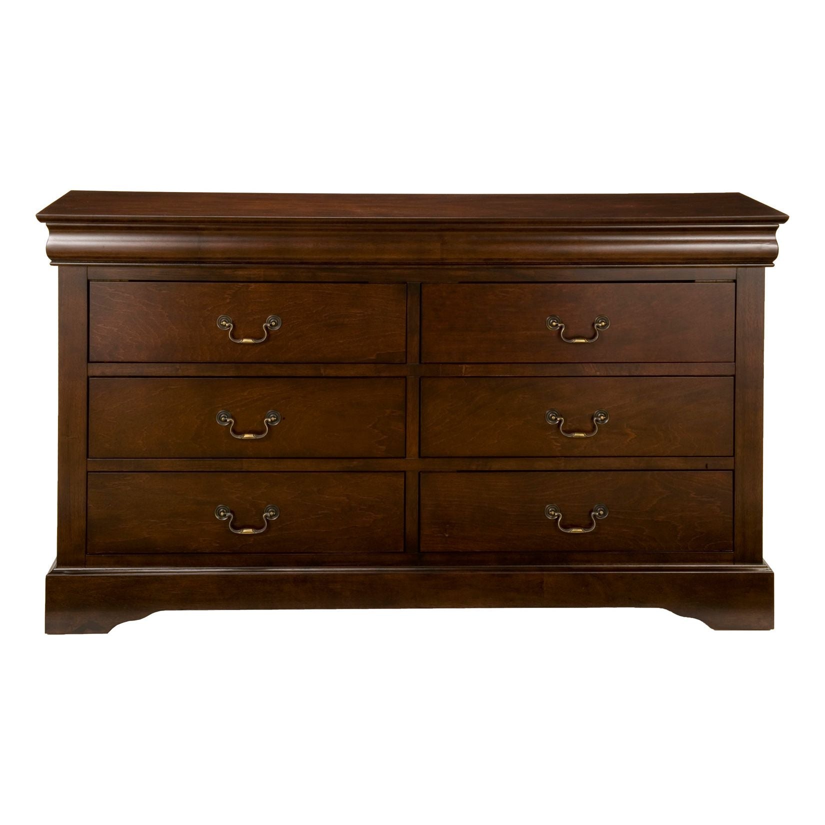 West Haven Dresser in rich Cappuccino finish with classic antique brass hardware, featuring six spacious drawers.