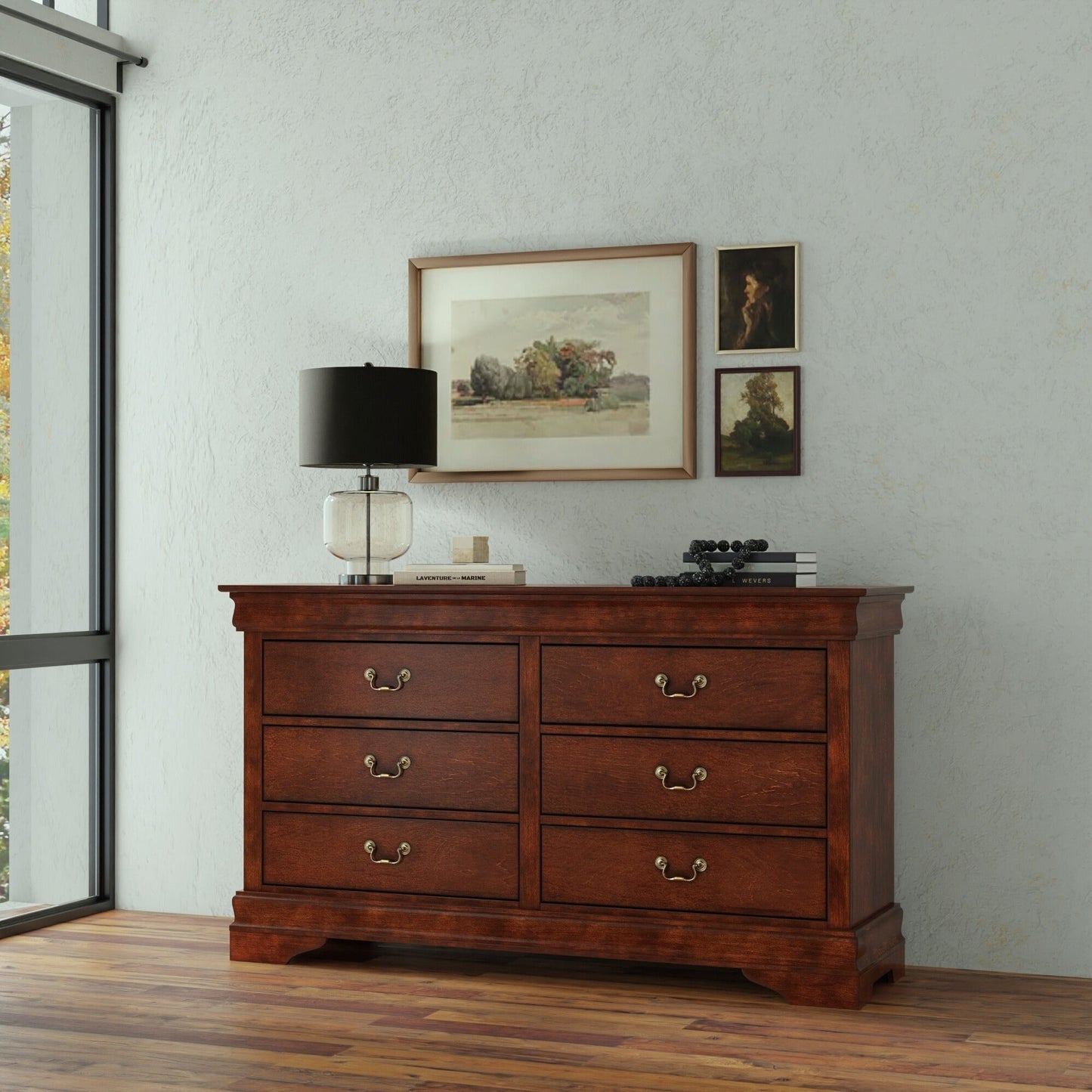 West Haven Dresser in cappuccino finish, featuring antique brass hardware and a stylish decor setting.