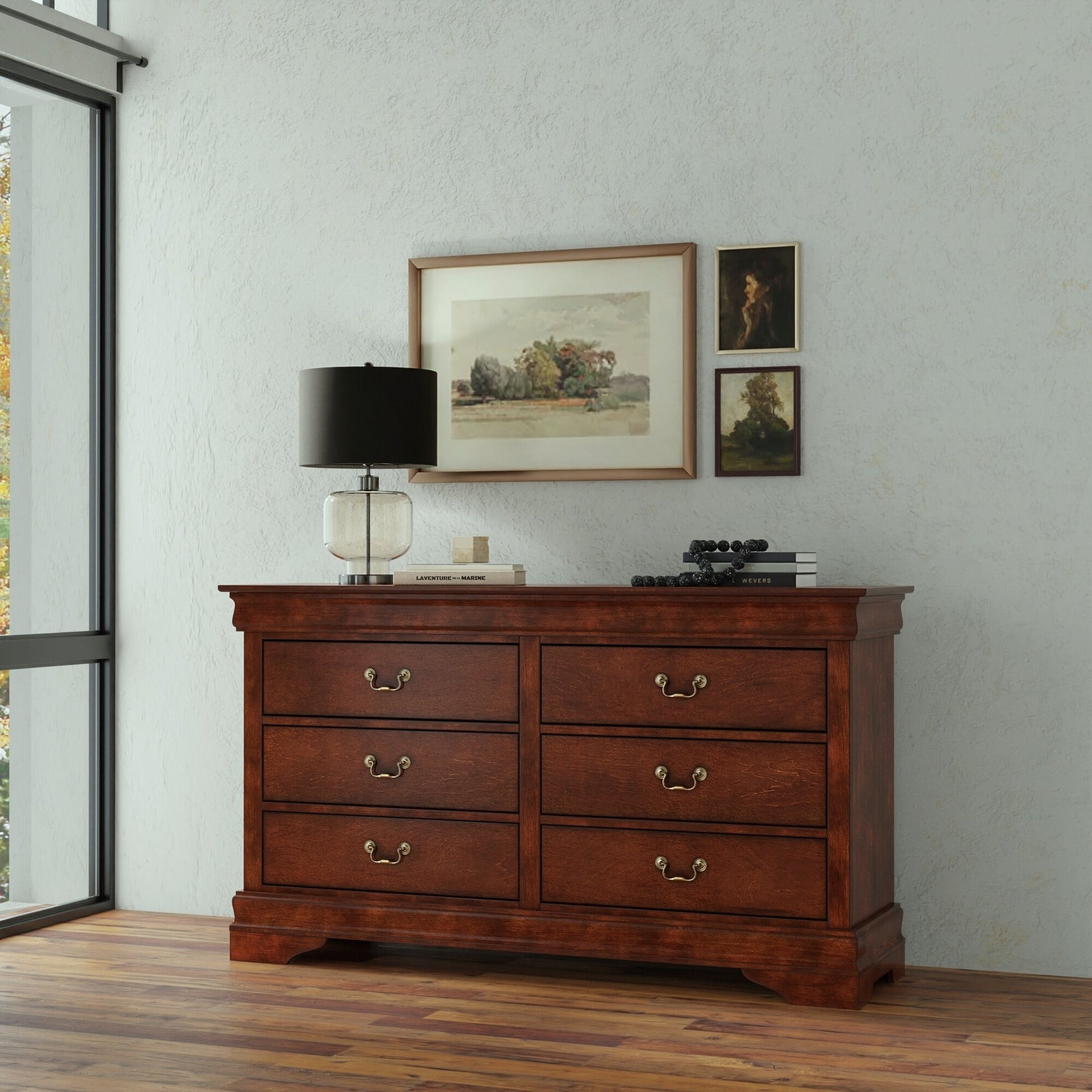 West Haven Dresser in cappuccino finish, featuring antique brass hardware and a stylish decor setting.