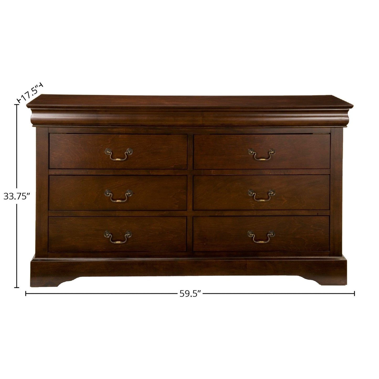 West Haven Dresser in Cappuccino finish with antique brass hardware, featuring six spacious drawers and elegant styling.