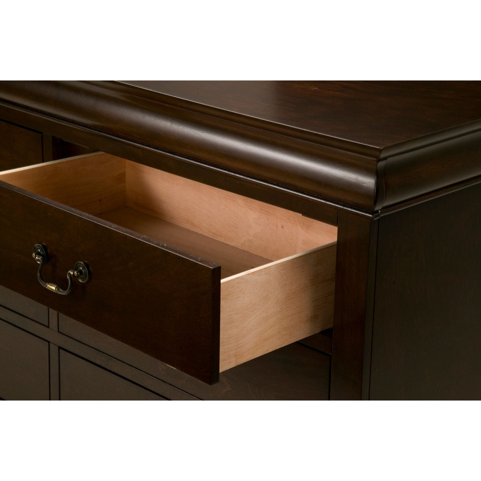 West Haven Dresser showing an open drawer, highlighting its elegant design and rich Cappuccino finish.