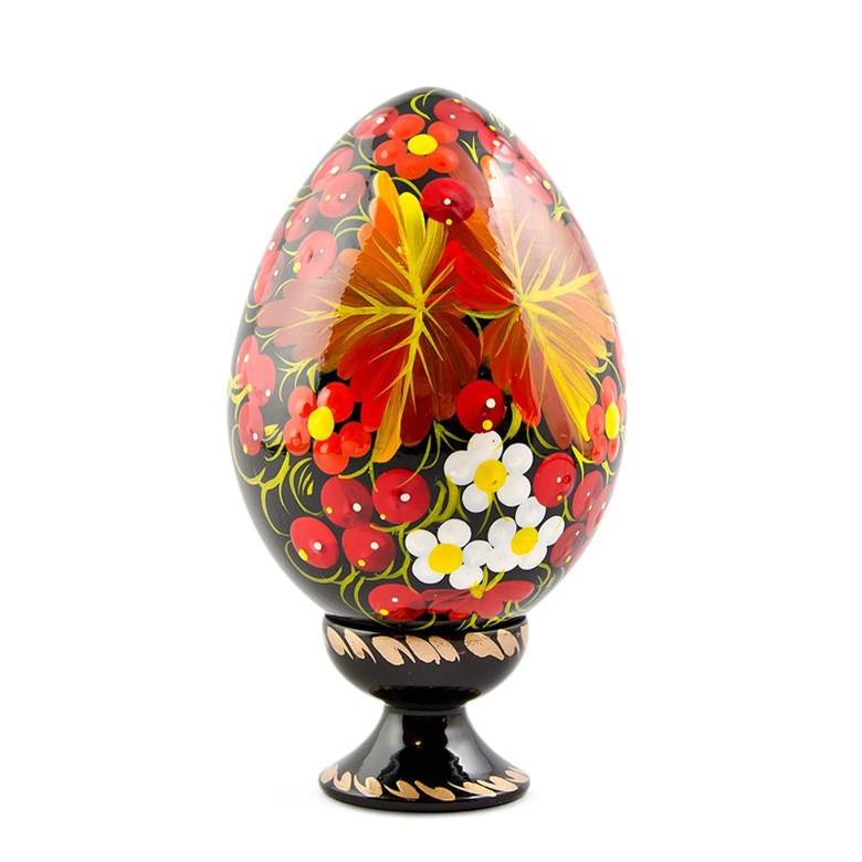 Berries & Golden Leaf Motif Ukrainian Folk Art Wooden Easter Egg