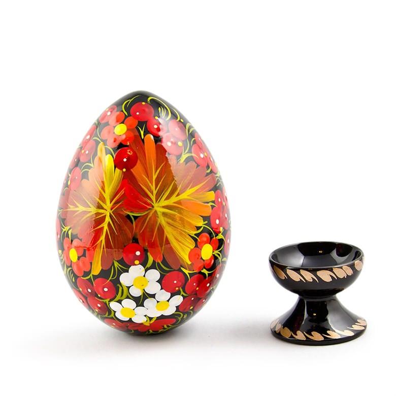 Berries & Golden Leaf Motif Ukrainian Folk Art Wooden Easter Egg