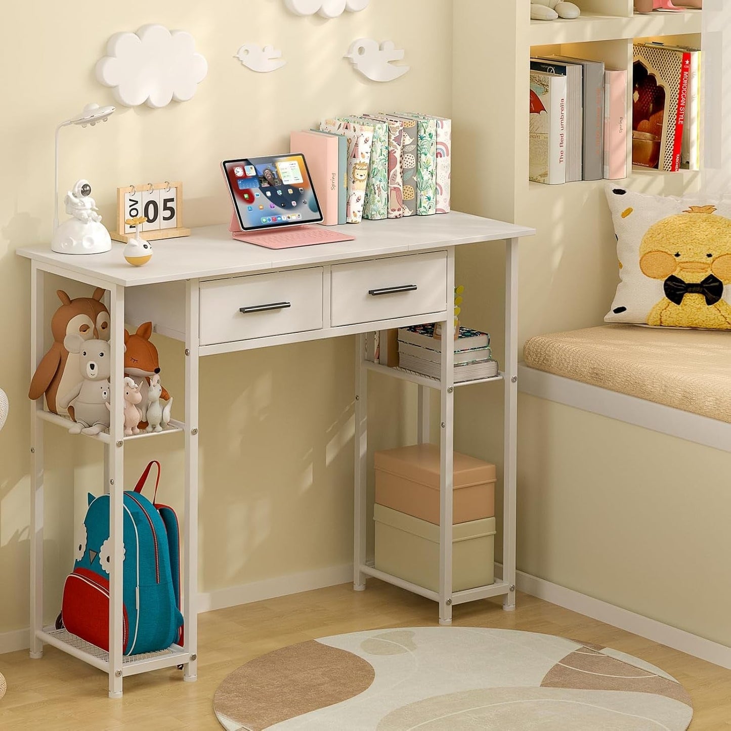 White Computer Desk 37.3 Inch With Drawers And Storage Shelves