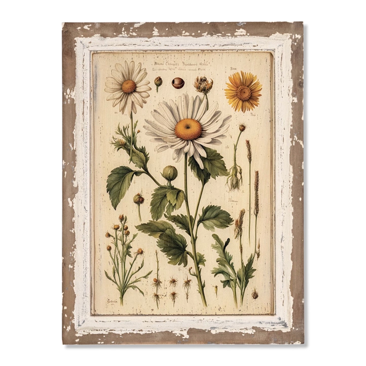 White Daisy Botanical Print on Distressed Wood Frame